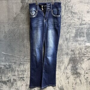 Love You dark wash Denim Jeans  Blue bootcut Size 3/4 Design Back Pockets 061